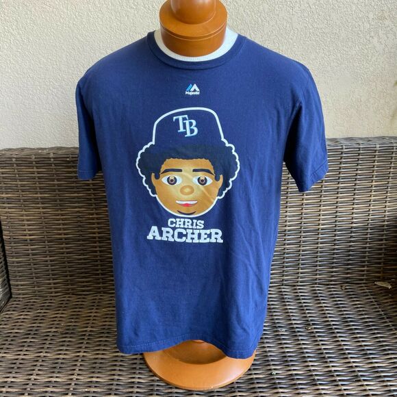 Majestic Mens T-Shirt Size Large Tampa Bay Rays Chris Archer Pitcher Navy Blue - Picture 5 of 5